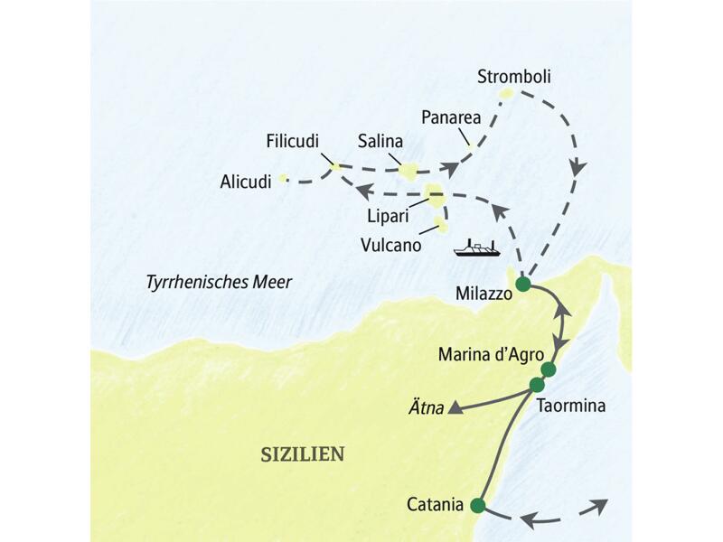 Auf dieser Naturerlebnis-Studienreise lernen Sie alle sieben Äolischen Inseln kennen: Lipari, Stromboli, Vulcano, Salina, Alicudi und Filicudi, plus den Ätna auf Sizilien.