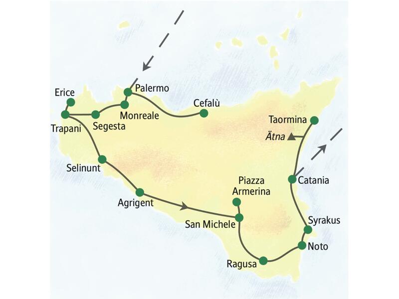 Unsere Reiseroute auf Sizilien beginnt in Palermo (mit Tagesausausflug nach Cefalù). Weitere Stationen sind Trapani, Selinunt, Agrigent, San Michele, Syrakus und Taormina.