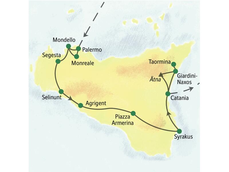 Unsere Reiseroute der Studienreise nach Sizilien führt von Palermo über Monreale, Selinunt, Agrigent, Syrakus, Taormina bis nach Catania.