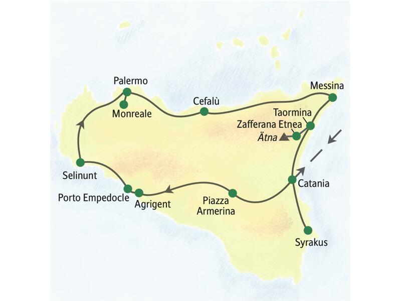 Stationen dieser Studiosus-Reise nach Sizilien sind die Villa Casale, Catania, Syrakus, Agrigent, Selinunt, Palermo, Monreale, Cefalù, Taormina und der Ätna.