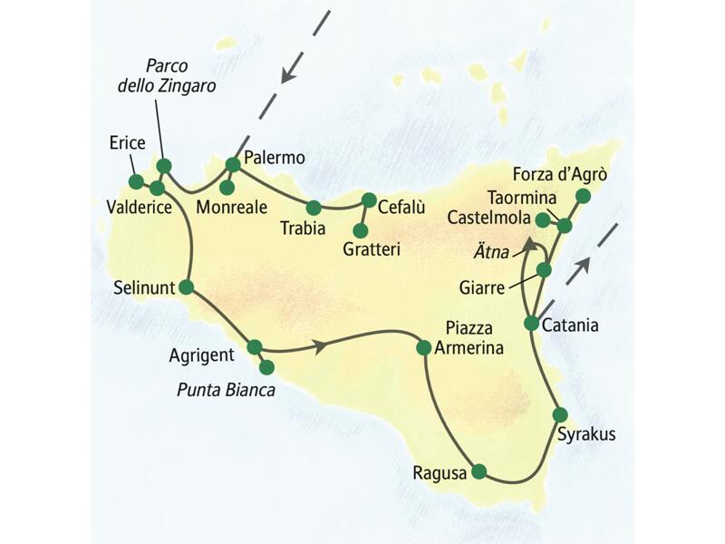 Unsere Reiseroute durch Sizilien startet in Palermo und führt über Valderice, Selinunt, Agrigent und Syrakus bis nach Catania. Wir wandern auch am Ätna und durch die Berge bei Forza d'Agrò.