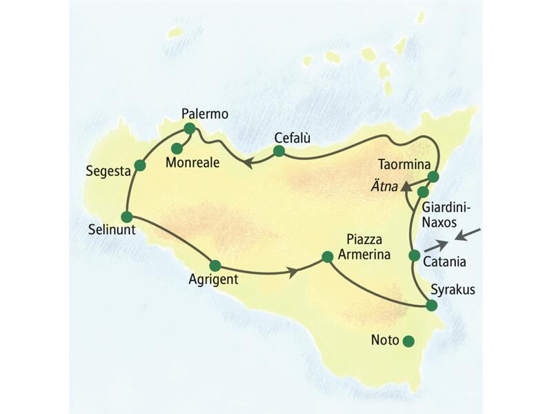Unsere Reiseroute durch Sizilien startet in Catania und führt über Cefalù, Palermo, Segesta, Selinunt, Agrigent und Syrakus zurück zum Ausgangspunkt. Auch zum Ätna und nach Taormina bringt uns unsere Studienreise mit Muße.