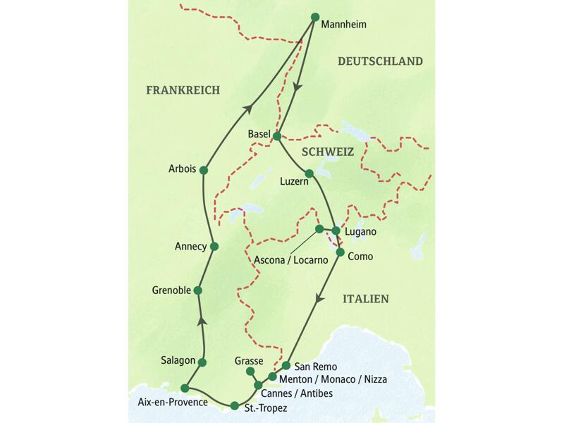 Auf der 15-tägigen Reise im besonders bequemen Studiosus-Komfortbus erleben Sie mit dem Vierwaldstätter See, dem Luganer See, dem Lago Maggiore und dem Lac d'Annecy einige der schönsten Alpenseen, dazu die Highlights der Cote d'Azur und das besondere Flair von Aix-en-Provence.