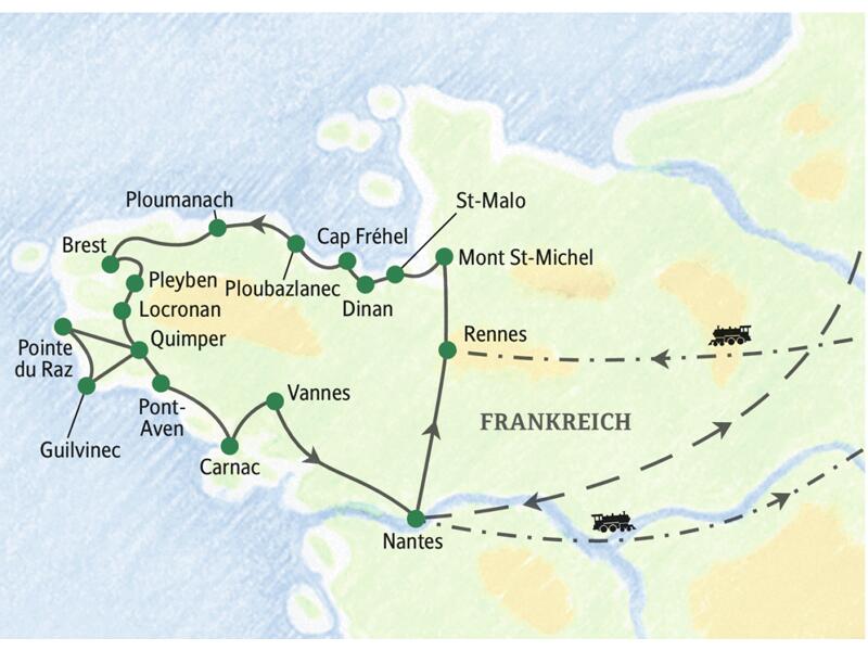 Unsere Reiseroute durch die Bretagne startet in Rennes und führt über St-Malo, Ploumanach, Pointe du Raz und Carnac nach Nantes.