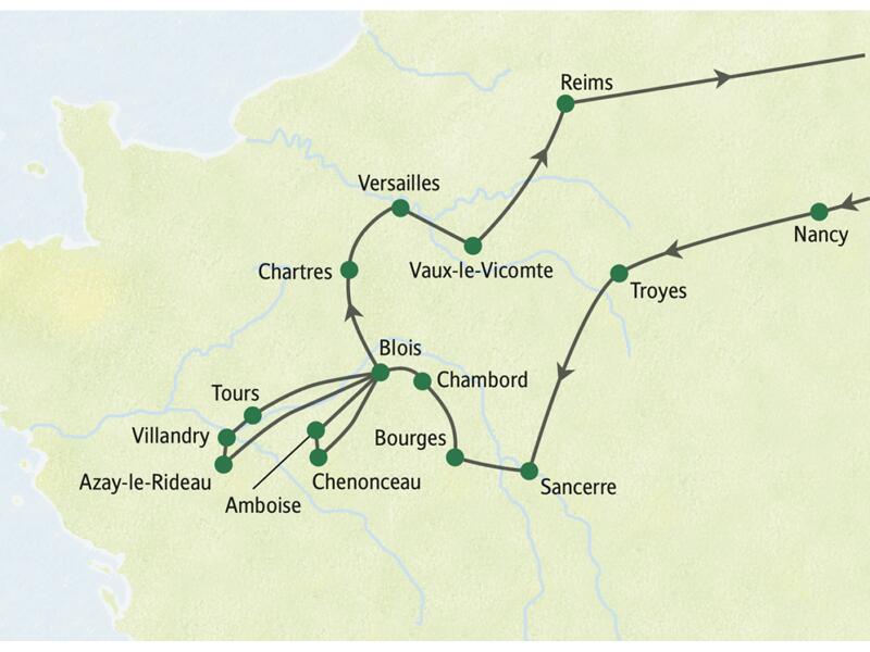 Unsere Reiseroute durch die Loire und die Ile-de-France startet in Nancy und führt uns nach Troyes, Sancerre, Bourges, Chambord, Blois, Tours, Chartres, Versailles und Reims. Auch das Schloss Vaux-le-Vicomte liegt auf der Strecke unserer Studienreise.