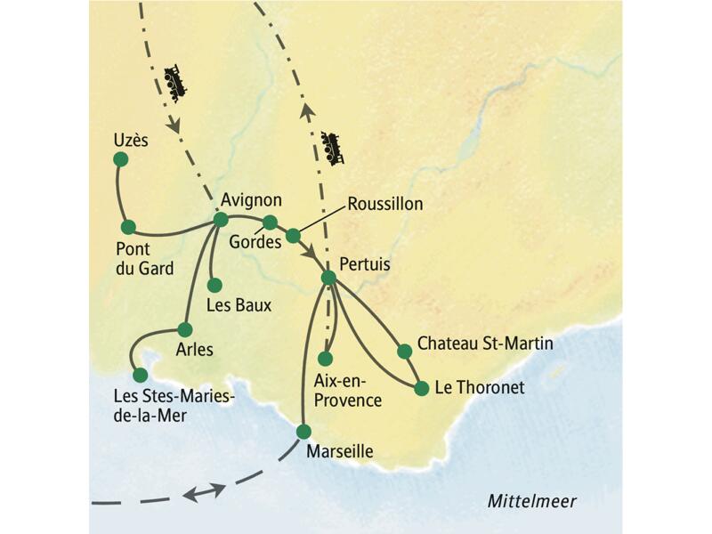 Wir wohnen in Avignon, wo unsere Studienreise beginnt, und Pertuis und besuchen auf Tagesausflügen mit Studiosus-Reiseleitung die bedeutenden Kunststädte und schönsten Landschaften der Provence, wie Les Baux, Aix-en-Provence, Arles und Uzès.