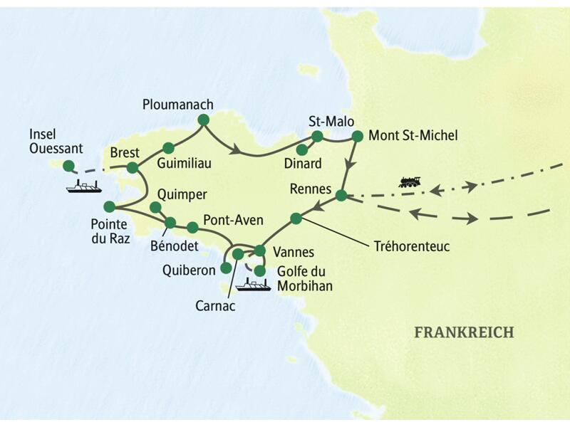 Unsere Wanderreise führt uns in die schönsten Landschaften der Bretagne. Stationen unterwegs sind unter anderem Vannes, Carnac, Pont-Aven, Quiberon, die Pointe du Raz, die Insel Ouessant, St-Malo und der Mont St-Michel. Wahlweise können Sie mit der Bahn oder per Flugzeug anreisen.