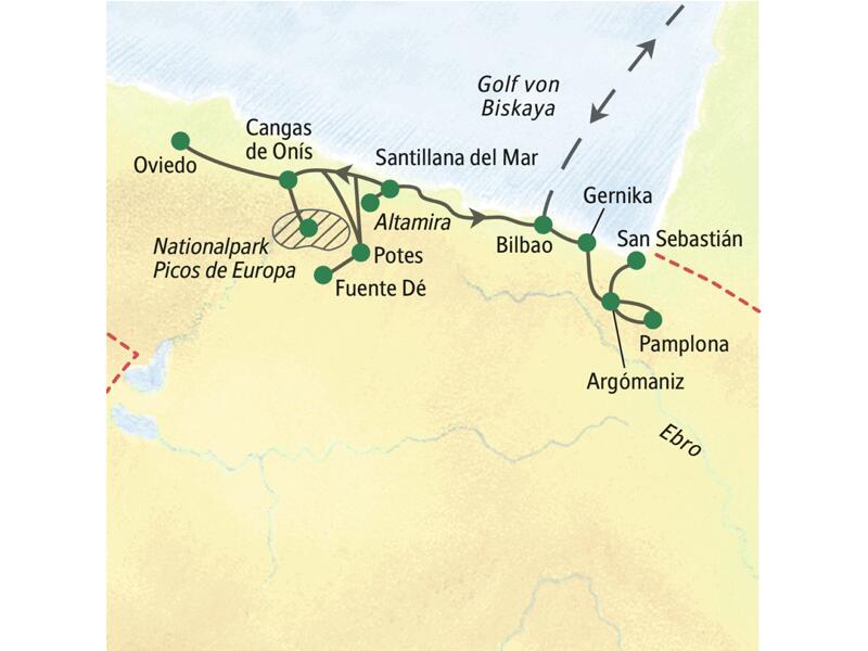 Wichtigste Stationen dieser zehntägigen Studienreise durch Nordspanien: Bilbao, Oviedo, Picos de Europa, Altamira, San Sebastián und Pamplona.