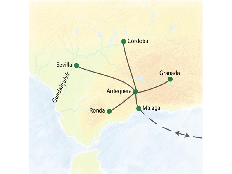 Unsere achttägige Studienreise nach Andalusien führt uns auf Tagesausflügen von Antequera nach Sevilla, Córdoba, Ronda und Granada.