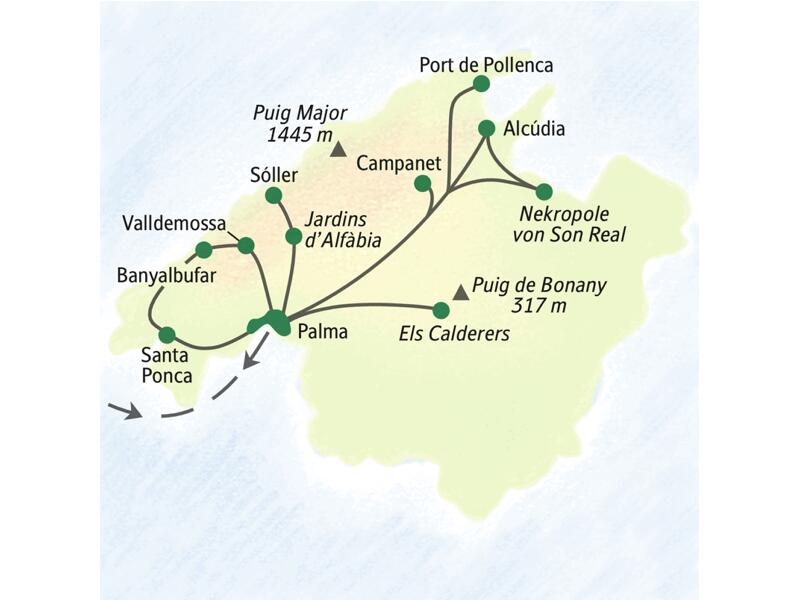Wichtigste Stationen dieser Reise zum Wandern auf Mallorca: Santa Ponca, Alcúdia, Palma, Sóller und Valldemossa