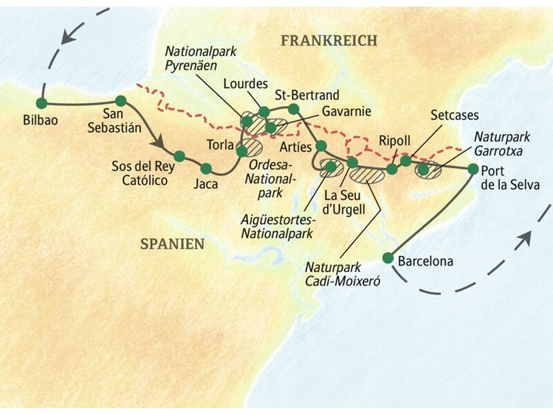 Die Reiseroute unserer Wanderreise durch die Pyrenäen beginnt in Bilbao und führt über Sos del Rey Católico und Torla nach Lourdes in Frankreich und wieder zurück nach Spanien über Artiés, La Seu d' Urgell und Setcases nach Port de la Selva am Mittelmeer.