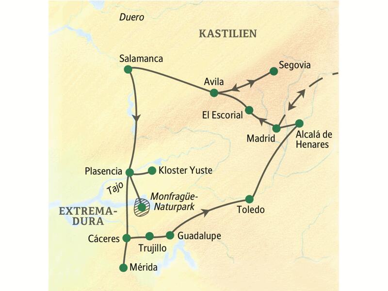 Unsere Reiseroute durch Kastilien und die Extremadura startet in Madrid und führt über Avila, Segovia, Salamanca, Plasencia, Cáceres, Guadalupe und Toledo.