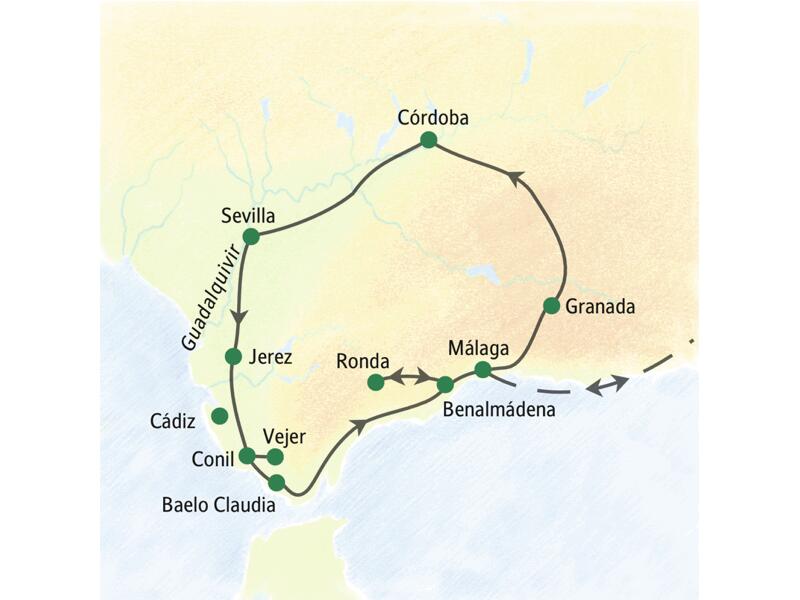 Unsere 15-tägige Studienreise mit Muße durch Andalusien führt uns von Málaga aus in die Städte Granada, Córdoba, Sevilla, Jerez, Conil sowie Ronda.