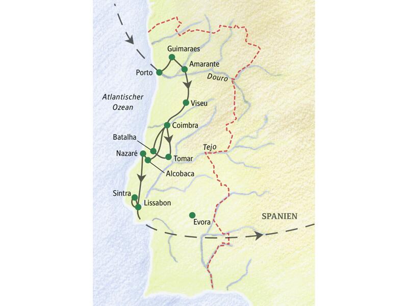 Die Karte zeigt den Verlauf der Studienreise Portugal - Höhepunkte: Porto, Guimaraes, Amarante, Viseu, Coimbra, Tomar, Alcobaca, Batalha, Nazaré, Lissabon, Sintra.