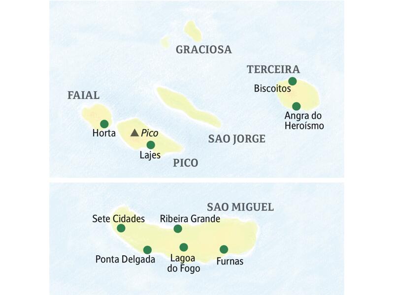 Die Karte zeigt den Verlauf unserer Naturerlebnis-Studienreise zu den Azoren: Terceira mit Bisoitos und Angra do Heroísmo, Faial mit Horta, Pico mit Lajes und Sao Miguel mit Ponta Delgada und weiteren Orten.