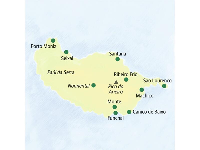 Die Karte zeigt Orte auf der Insel Madeira, die im Rahmen unserer Wanderreise besucht werden: Funchal, Monte, Nonnental, Porto Moniz, Seixal, Santana, Ribeiro Frio, Sao Lourenco, Machico, Canico de Baixo.