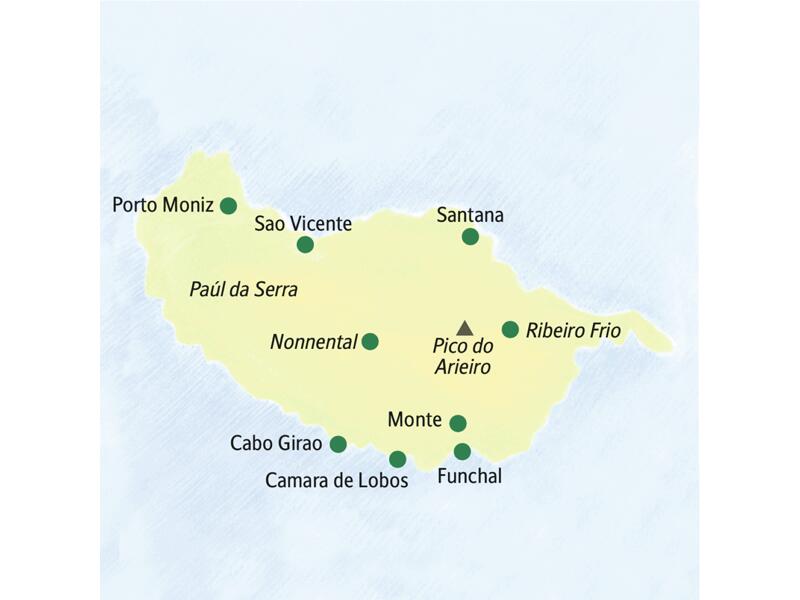 Die Karte zeigt Orte, die auf unserer Studienreise mit Muße nach Madeira besucht werden: Funchal, Camara de Lobos, Cabo Girao, Monte, Porto Moniz, Sao Vicente, Santana, Ribeiro Frio.