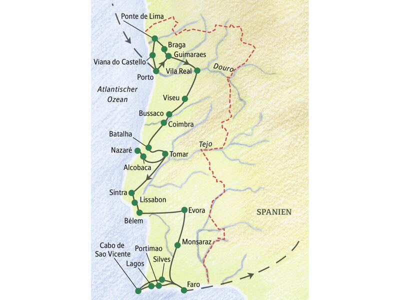 Die Karte zeigt den Verlauf unserer Studienreise mit Muße durch Portugal: Porto, Braga, Viana do Castelo, Ponte de Lima, Guimaraes, Vila Real, Viseu, Bussaco, Coimbra, Batalha, Tomar, Alcobaca, Nazaré, Sintra, Lissabon, Belém, Evora, Monsaraz, Lagos, Cabo de Sao Vicente, Faro.