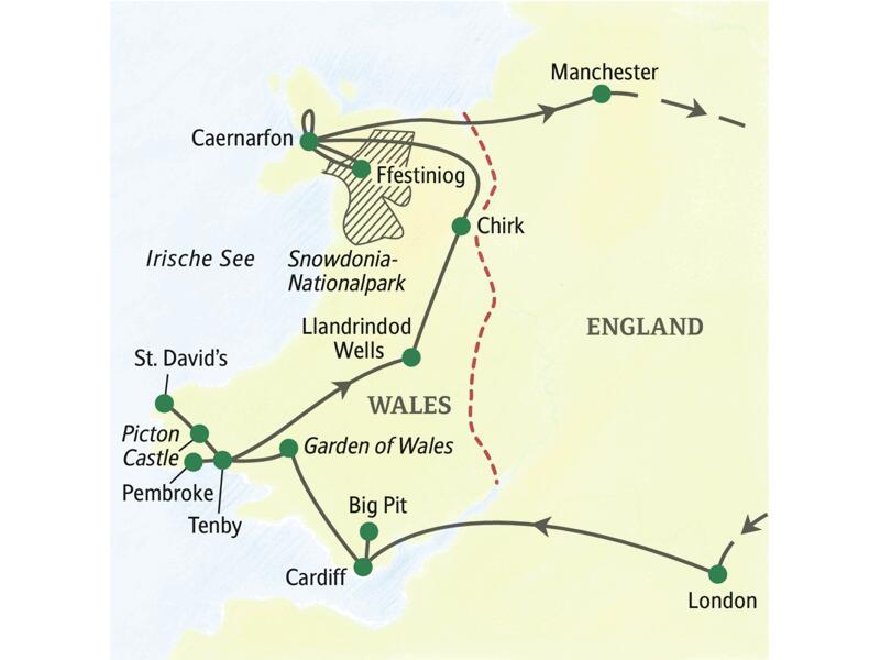 Die Karte zeigt den Verlauf unserer Studienreise nach Wales: Cardiff, Big Pit, Tenby, Pembroke, St David's, Llandrindod Wells, Chirk, Caernarfon und Manchester.