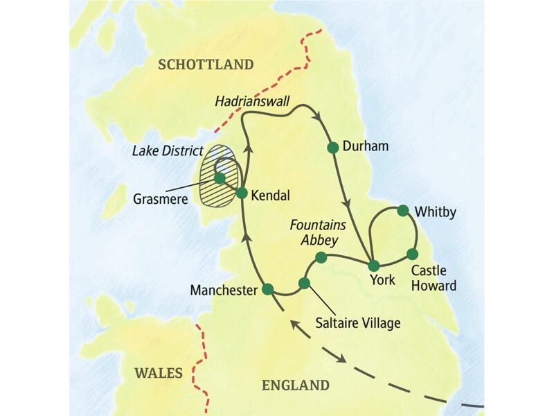 Die Reise beginnt am Flughafen von Manchester. Von dort fahren wir nach Kendal, am Rande des Lake Districts, dann vorbei am Hadrianswall und über Durham nach York, weiter u.a. nach Whitby, Saltaire Village und schließlich zurück nach Manchester.