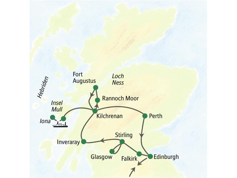 Unsere Reiseroute durch Schottland startet in Edinburgh und führt über Glasgow, Inveraray, Fort Augustus und Perth zurück zu unserem Ausgangspunkt. Wir besuchen auch die Inseln Mull und Iona.