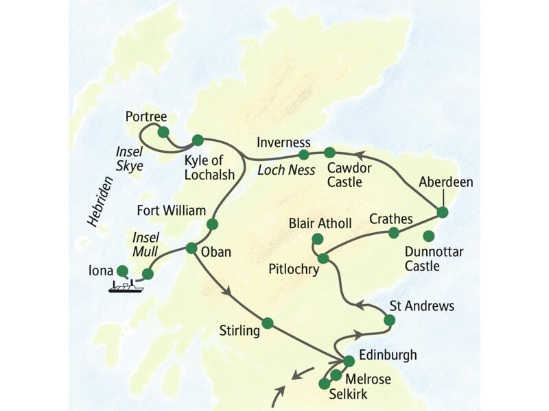 Die Reiseroute der Studienreise Schottland – die umfassende Reise: Die Reise beginnt in Edinburgh und besucht unter anderem St Andrews, Pitlochry, Aberdeen, Inverness, die Insel Skye, Fort William, die Insel Mull, Stirling, Melrose und Selkirk.