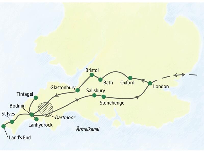Reiseroute der Rundreise Südengland – im Überblick mit Oxford, Bath, Salisbury und Stonehenge. Dazu Cornwall mit Tintagel, Lanhydrock und St Ives