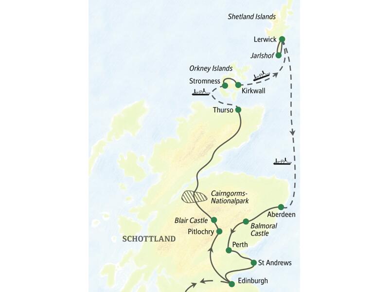 Unsere Reiseroute durch Schottland startet in Edinburgh und führt über Pitlochry nach Thurso. Fährpassagen bringen uns nach Stromness, Lerwick und Aberdeen, dann fahren wir weiter mit dem Reisebus über Balmoral Castle, Perth und St Andrews zurück in die Hauptstadt Schottlands.