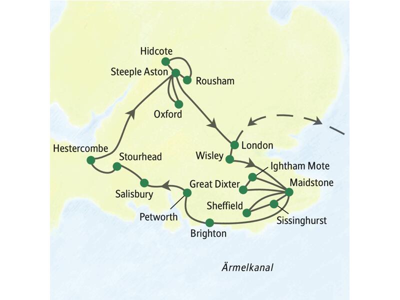Die Karte zeigt den Verlauf unserer Studienreise nach Südengland mit Gartenschwerpunkt: Wir starten in London-Heathrow und touren über Wisley, Maidstone, Great Dixter, Sheffield, Sissinghurst, Brighton, Petworth, Salisbury, Stourhead, Hestercombe, Steeple Aston, Oxford, Hidcote, Rousham zurück an den Flughafen.