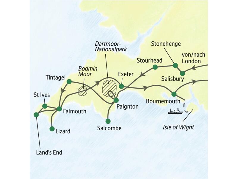 Die Karte zeigt den Verlauf unserer Wanderreise durch Südengland über Salisbury, Stonehenge, Stourhead, Paignton, Salcombe, Tintangel, Falmouth, St Ives, Land's End, Lizard, Exeter und Bournemouth.