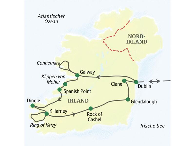 Die Karte zeigt den Verlauf unserer Studienreise Irland - Höhepunkte: Dublin, Galway, Connemara, Spanish Point, Dingle, Killarney, Rock of Cashel und Glendalough.