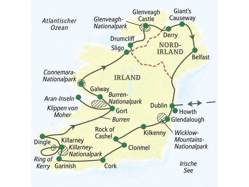 Die Karte zeigt den Verlauf der Studiosus-Wanderreise nach Irland: Dublin, Glendalough, Kilkenny, Rock of Cashel, Clonmel, Cork, Garinish, Killarney, Dingle, Gort, Aran-Inseln, Galway, Sligo, Drumcliff, Glenveagh, Derry, Belfast und zurück nach Dublin.