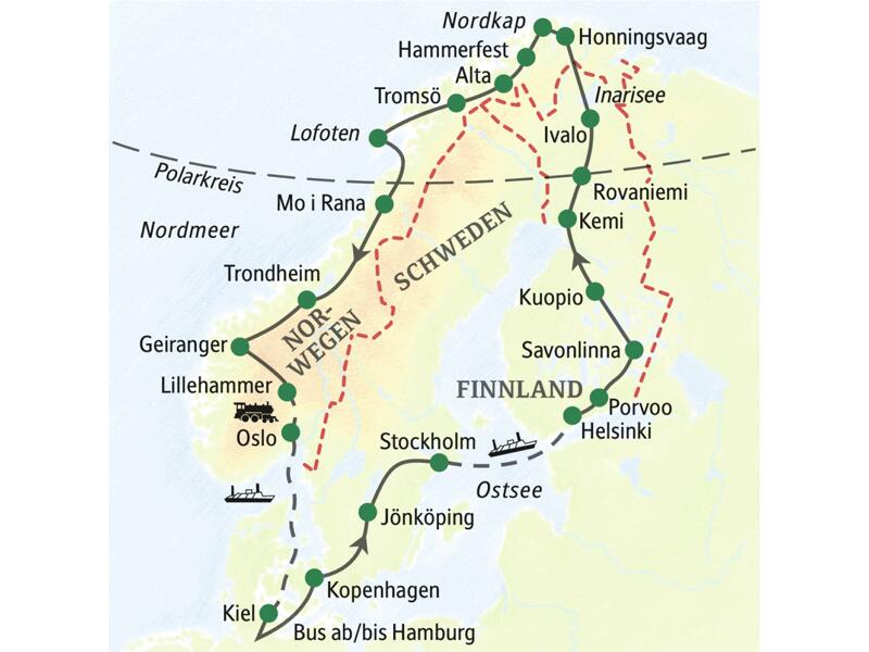 Was für eine fantastische Studienreise: In 22 Tagen im Komfortbus durch Dänemark, Schweden, Finnland und Norwegen zum Nordkap; vier faszinierende nordische Hauptstädte: Kopenhagen, Stockholm, Helsinki, Oslo. Und mit der komfortablen Fähre zurück aus dem Herzen Skandinaviens.