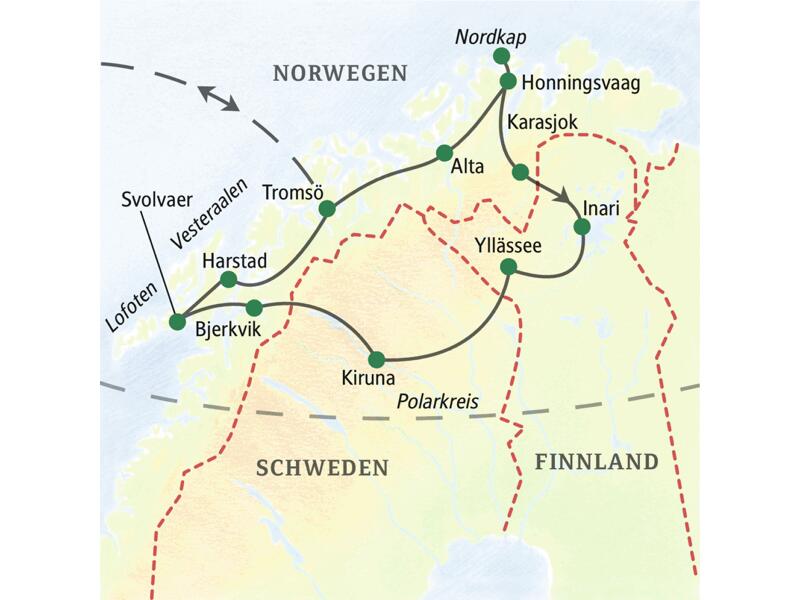 Auf unserer Lappland-Studienreise fahren wir in Norwegen oberhalb des Polarkreises von Tromsö über Alta und Honningsvaag nach Karasjok und machen einen Abstecher nach Finnland und Schweden.