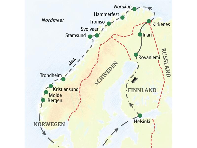 Die Route dieser Kreuzfahrt-Studienreise führt von Helsinki durch Lappland nach Kirkenes und dann an Bord eines Postschiffs an der norwegischen Küste entlang nach Bergen.