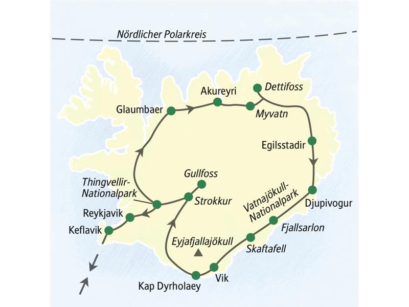 Karte von Island mit eingezeichnetem Verlauf der Studiosus Preiswert-Reise Island – unter dem Polarkreis