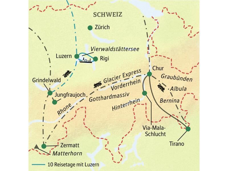 Die Reiseroute dieser Studienreise führt durch die Schweizer Berge - mit dem Glacier Express und der Berninabahn. Im Programm: Matterhorn, Jungfraujoch und Interlaken, Luzern und Vierwaldstättersee und die Via-Mala-Schlucht.