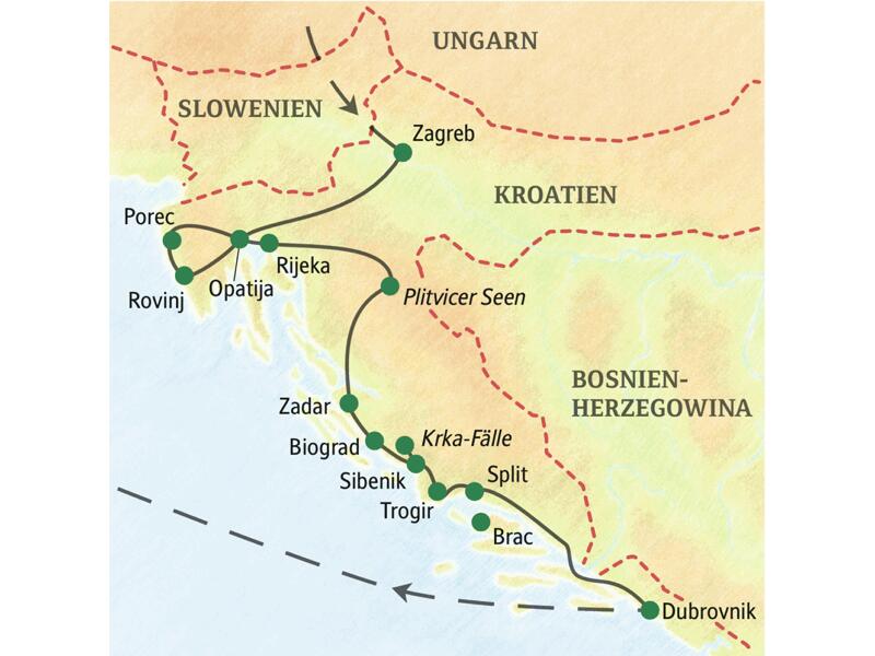 Unsere umfassende Reise durch Kroatien startet in Zagreb und führt über Porec, Rovinj, Opatija, Zadar, Biograd, die Krka-Fälle, Trogir und Split bis nach Dubrovnik.