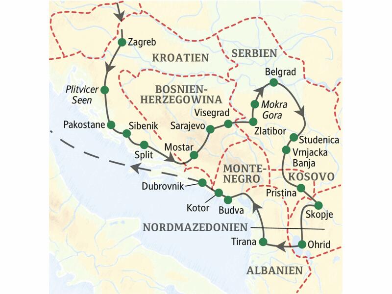 Die Reiseroute unserer klassischen, 15-tägigen Studienreise durch den Balkan führt über Kroatien, Bosnien-Herzegowina, Serbien, Nordmazedonien, Montenegro und Albanien, inklusive Abstecher in den Kosovo.