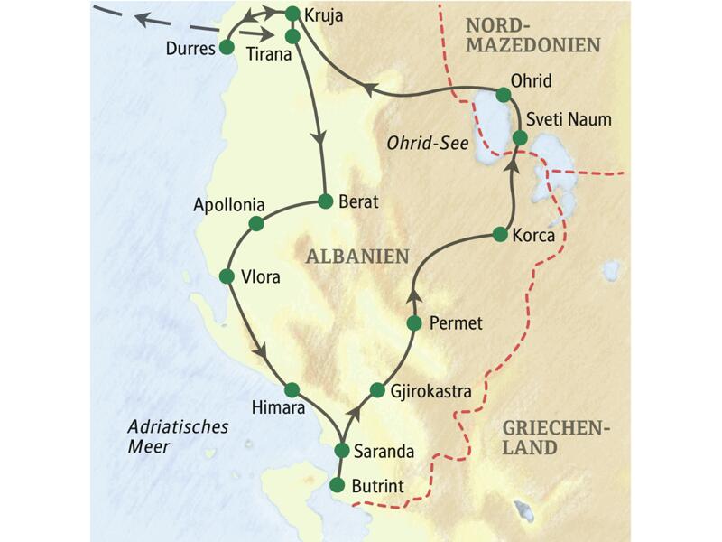 Die Reiseroute unserer zehntägigen Studienreise durch Albanien führt ab/bis Tirana durch das gesamte Land mit einem Abstecher nach Nordmazedonien.
