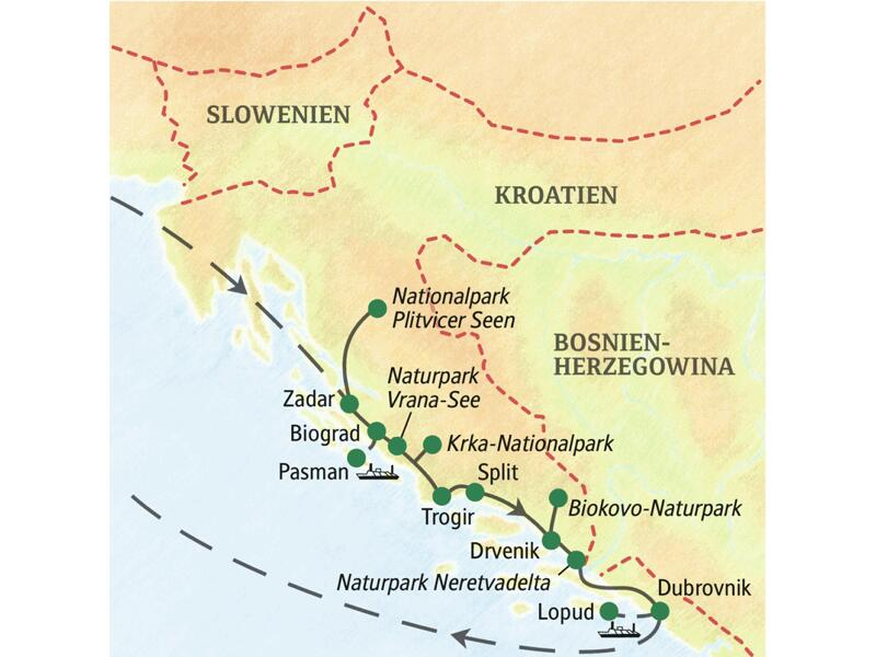 Unsere Wander-Studienreise durch Kroatien startet in Zadar und führt über Biograd, die Plitvicer Seen, den Naturpark Vrana-See, den Krka-Nationalpark, den Biokovo-Nationalpark und über Trogir bis nach Dubrovnik.