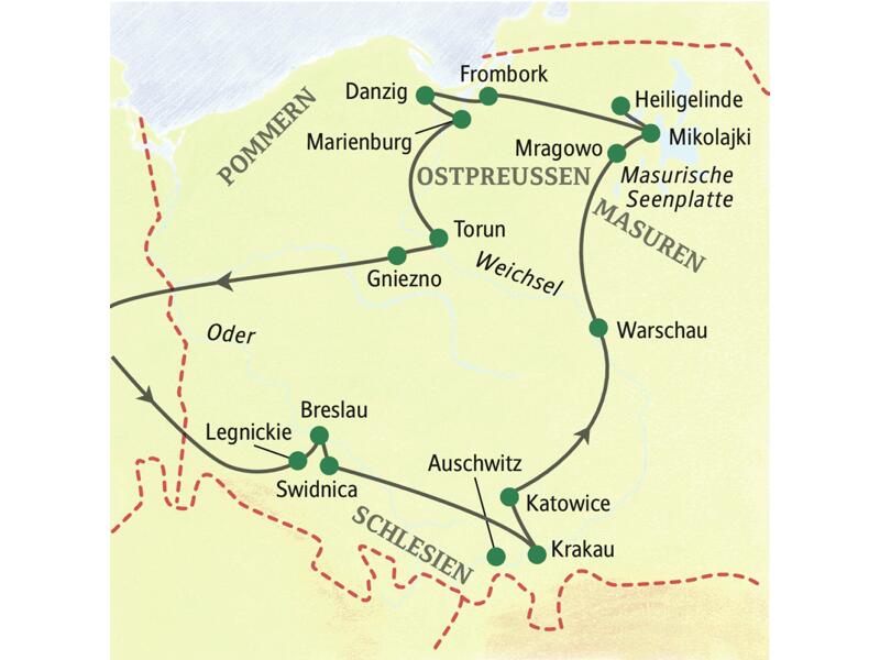 Unsere umfassende, 13-tägige Studienreise durch Polen führt Sie unter anderem nach Breslau, Krakau, Warschau und Danzig.
