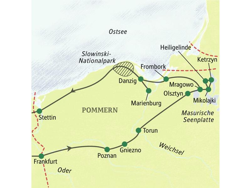 Zehntägige Studienreise durch Polen - mit dem Bus ab Berlin zu den Höhepunkten von Masuren, Danzig und Pommern; mit drei Übernachtungen an einem masurischen See.