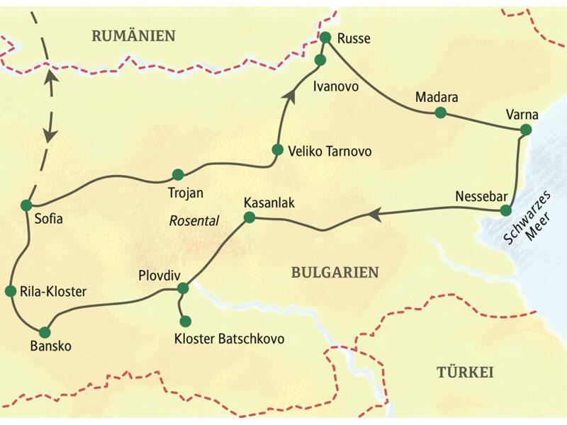 Die Karte zeigt den Verlauf unserer Studienreise durch Bulgarien von der Hauptstadt Sofia durch das Balkangebirge bis zum Schwarzen Meer über Trojan, Veliko Tarnovo, Ivanovo, Russe, Madara, Varna, Nessebar, Kasanlak, Plovdiv, Kloster Batschkovo, Bansko und das Rila-Kloster.