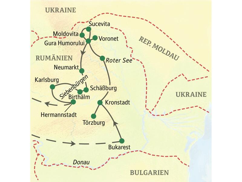 Unsere Reiseroute der Studienreise durch Rumänien startet in Bukarest und führt über Törzburg, Kronstadt, Moldovita und Karlsburg nach Hermannstadt.