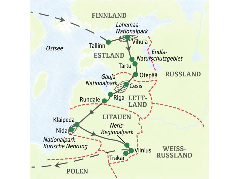 Die Reisekarte der Studiosus Wander-Studienreise durchs Baltikum mit Sehenswürdigkeiten wie dem Lahemaa-Nationalpark, dem Nationalpark Kurische Nehrung und dem Endla-Naturschutzgebiet.
