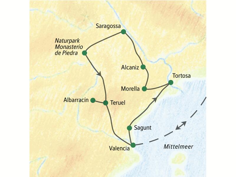 Wir entdecken auf unserer Studienreise durch Spaniens Levante u. a. die Metropole Valencia, Sagunt, Tortosa, Saragossa und den Naturpark Monasterio de Piedra.