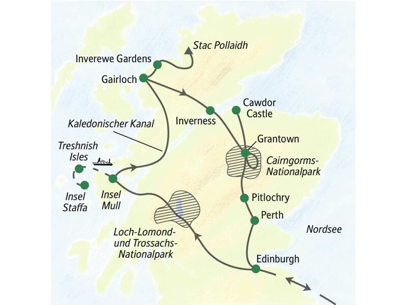 Die Karte zeigt den Verlauf unserer Wanderreise durch die schottischen Highlands: Edinburgh, die Inseln Mull und Staffa, Gairloch und Stac Pollaidh, Inverewe Gardens, Inverness, Cawdor Castle, Cairngorms-Nationalpark.