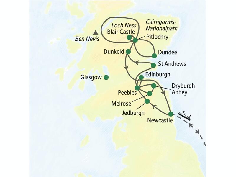 Die Karte zeigt den Verlauf unserer Schottlandreise mit Muße: Newcastle, Jedburgh, Melrose, Peebles, Edinburgh, Dunkeld, Pitlochry, St Andrews, Dryburgh Abbey.
