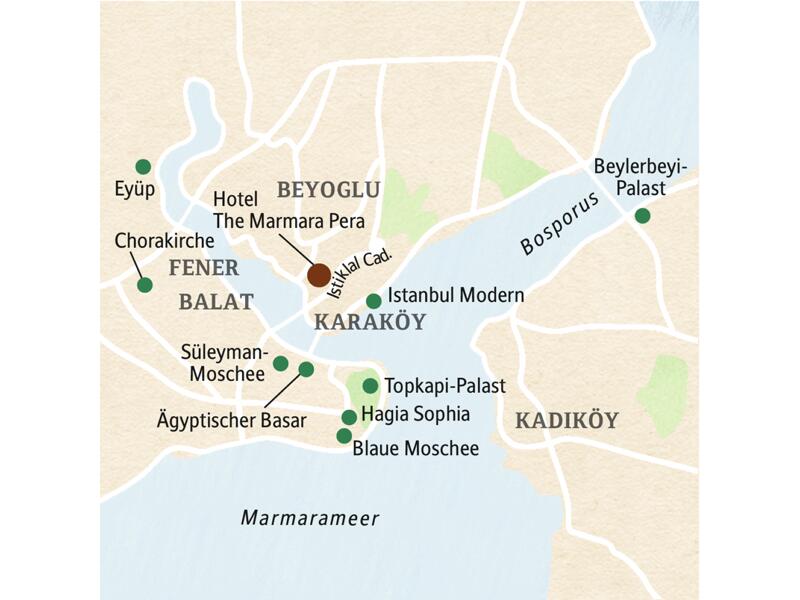 Die Karte zeigt die wichtigsten Sehenswürdigkeiten Istanbuls und die Lage des Hotels der klassischen Istanbul-Reise.